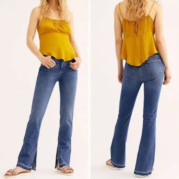 FREE PEOPLE We The Free Emmy High Waist Bootcut Jean Slit Frayed Hem Blue 25 $98 - Picture 3 of 16